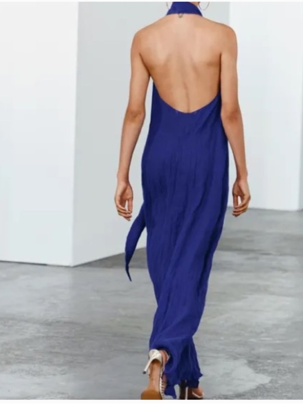 NWOT Zara ZW Collection Halter Maxi Deep V Linen Dress | Cobalt Blue - Picture 2 of 8